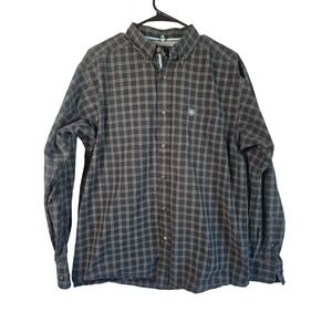 Ariat Pro Series Mens Medium Black Teal Plaid Long Sleeve Western Button Shirt